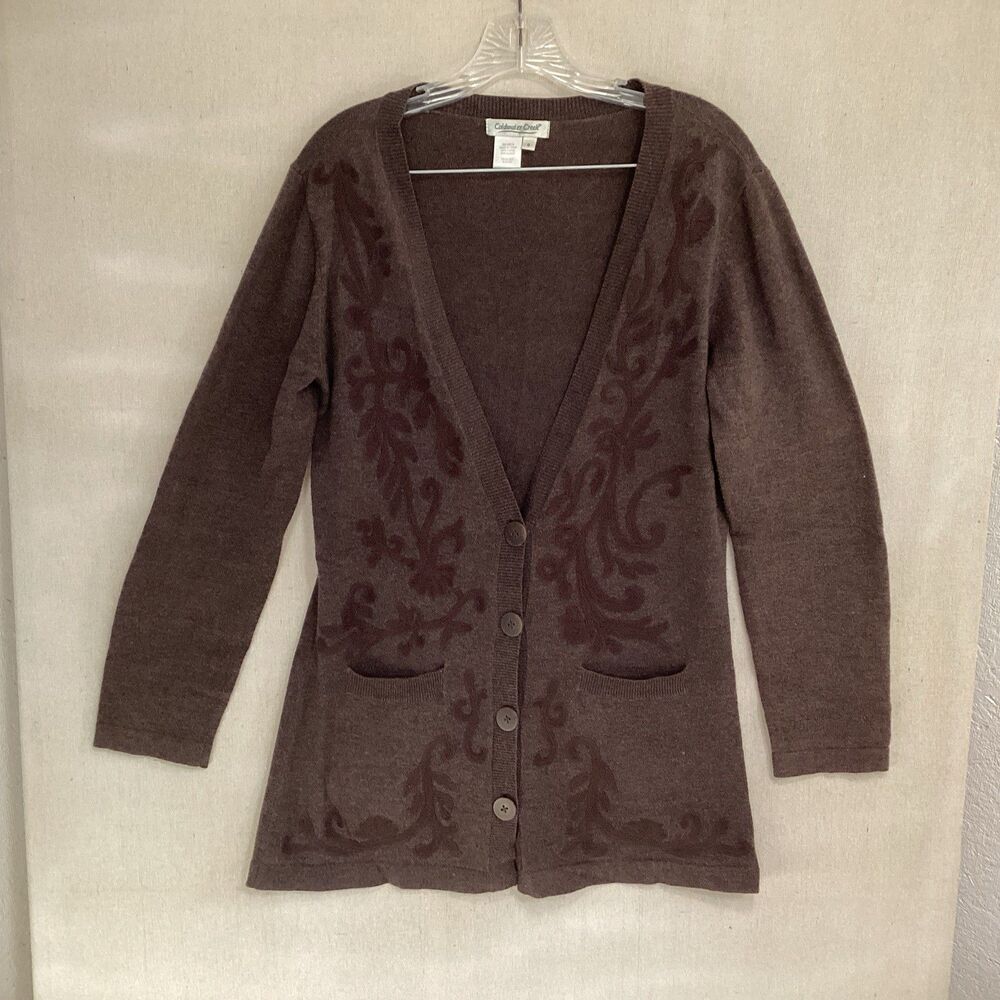 coldwater creek sweater/cardigan small brown floral embroidery front pockets